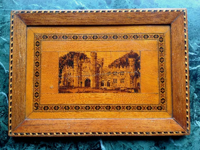 antique 1800's inlaid wood picture with micro mosaic castle and inner border